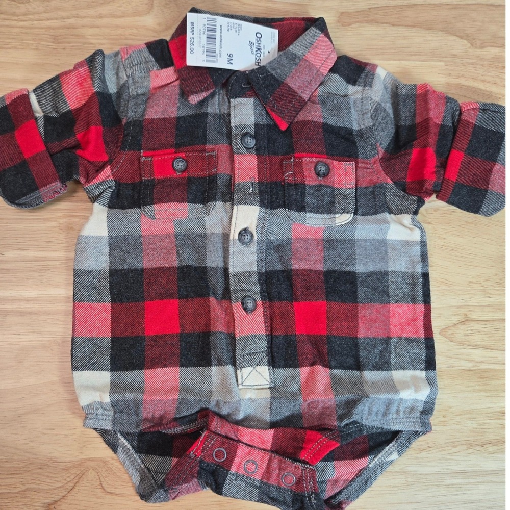 OshKosh B'gosh Baby Boy Red Black Plaid Flannel Bodysuit 9M 157434 D617